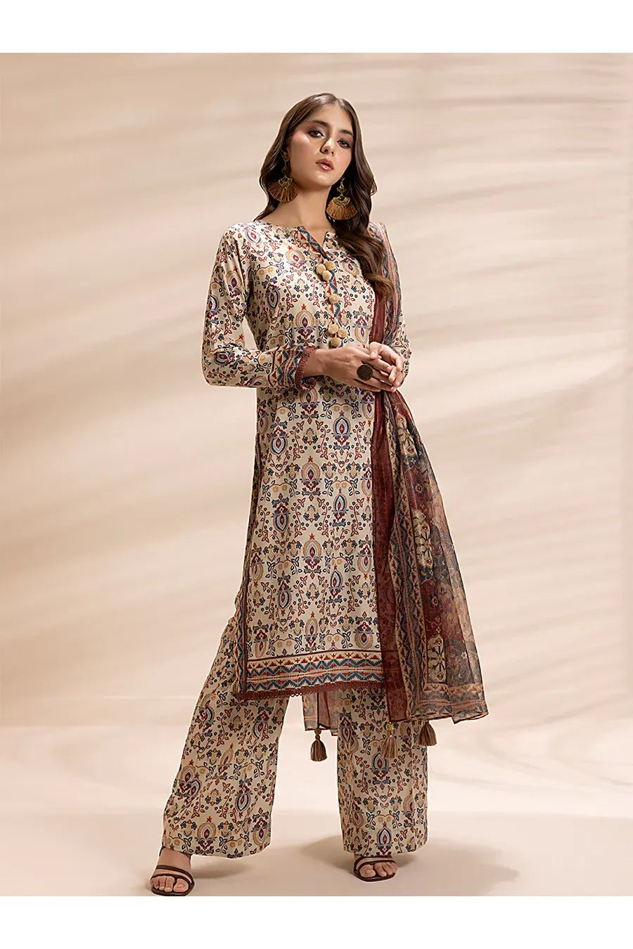 Winter 3PC Printed Linen Suit with Custom Stitching