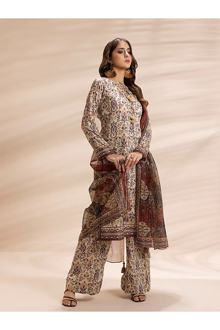 Winter 3PC Printed Linen Suit with Custom Stitching