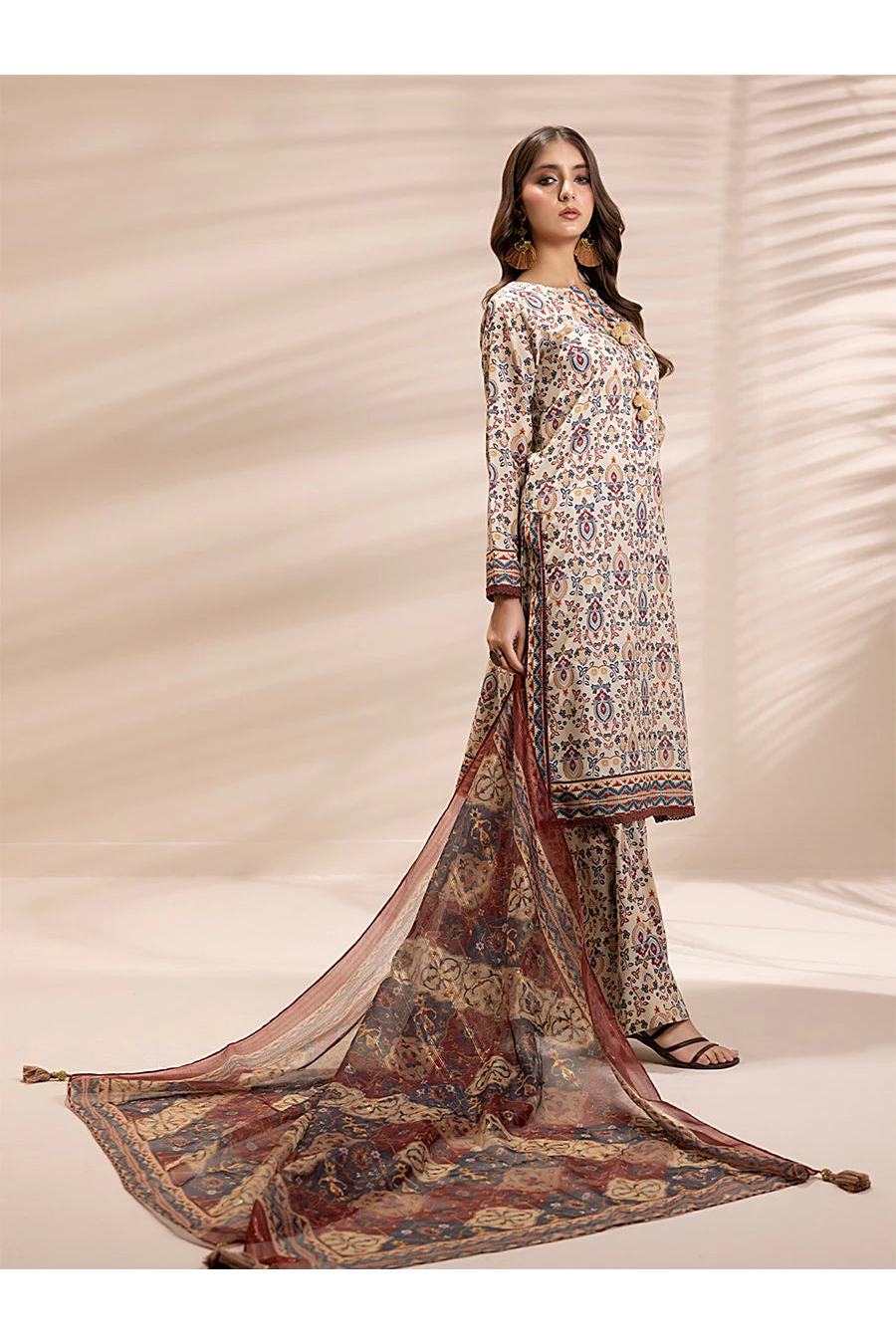 Winter 3PC Printed Linen Suit with Custom Stitching