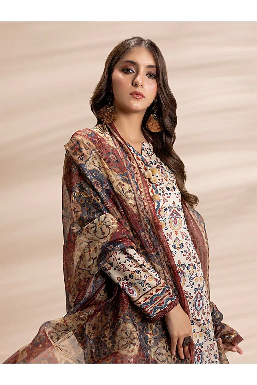 Winter 3PC Printed Linen Suit with Custom Stitching