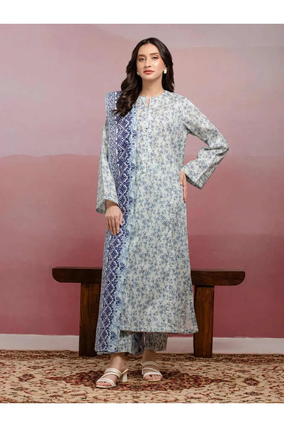 Grey & Blue Printed Lawn 3 Piece