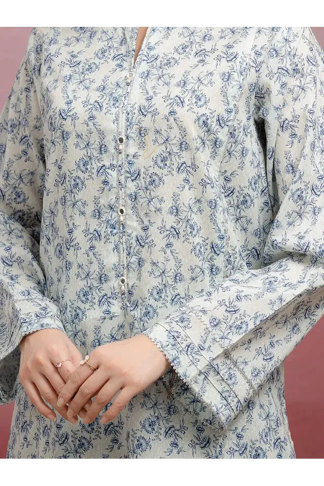 Grey & Blue Printed Lawn 3 Piece