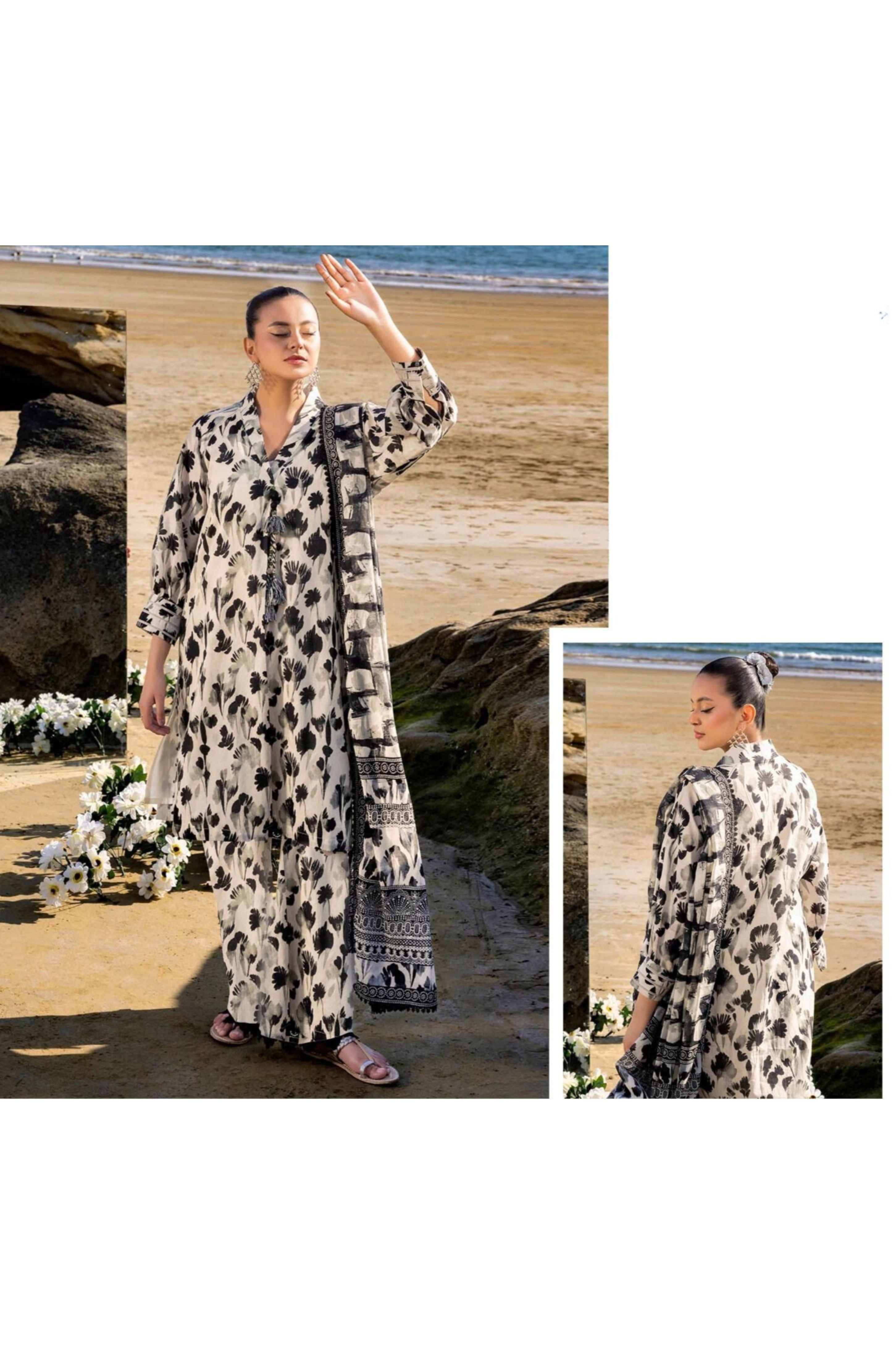 Winter 3PC Printed Linen Suit with Custom Stitching