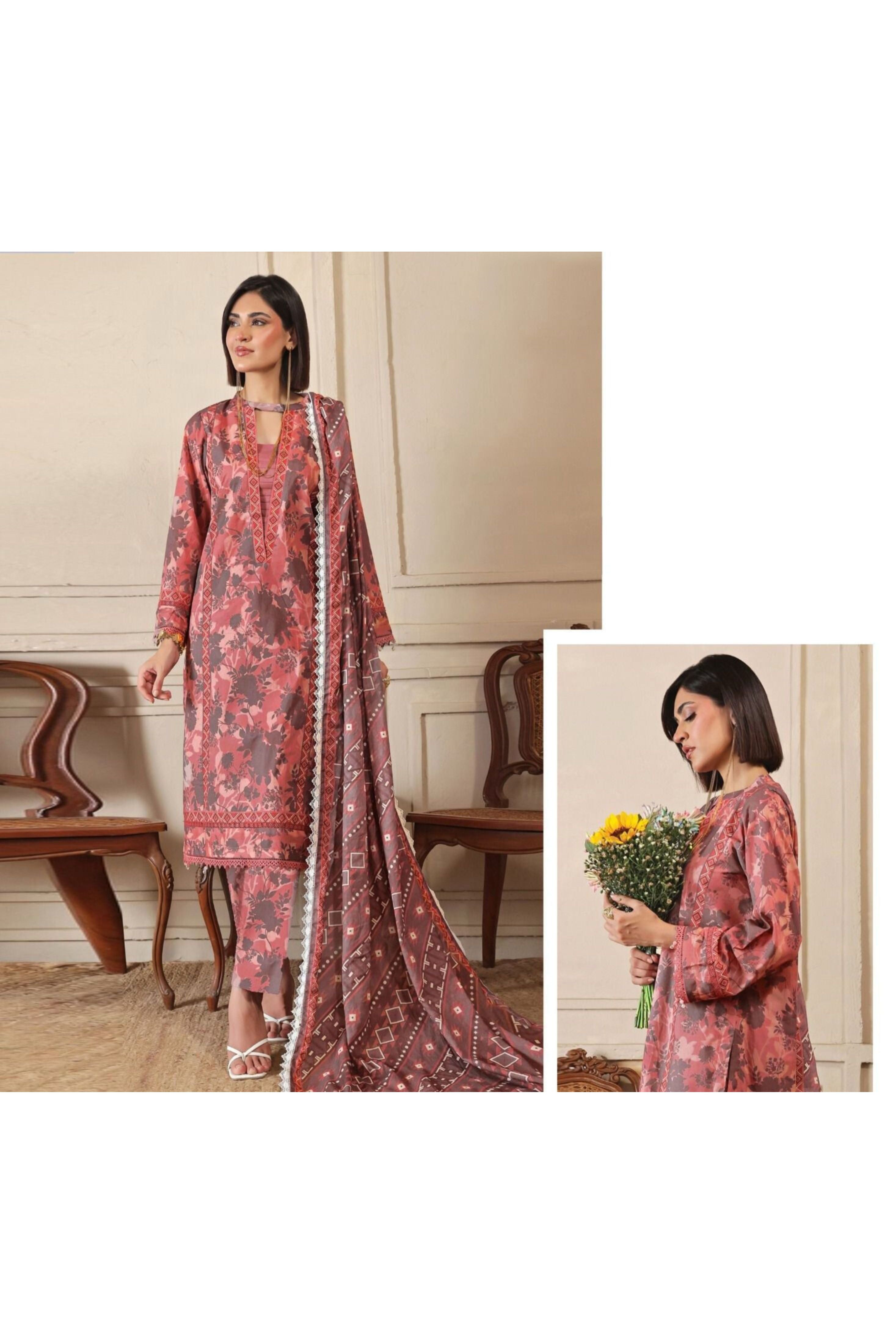 Winter 3PC Printed Linen Suit with Custom Stitching