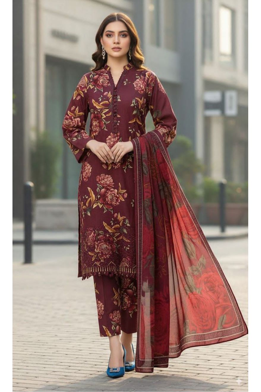 Daman Boring 3 Piece Linen Printed Suit with Custom Stitching