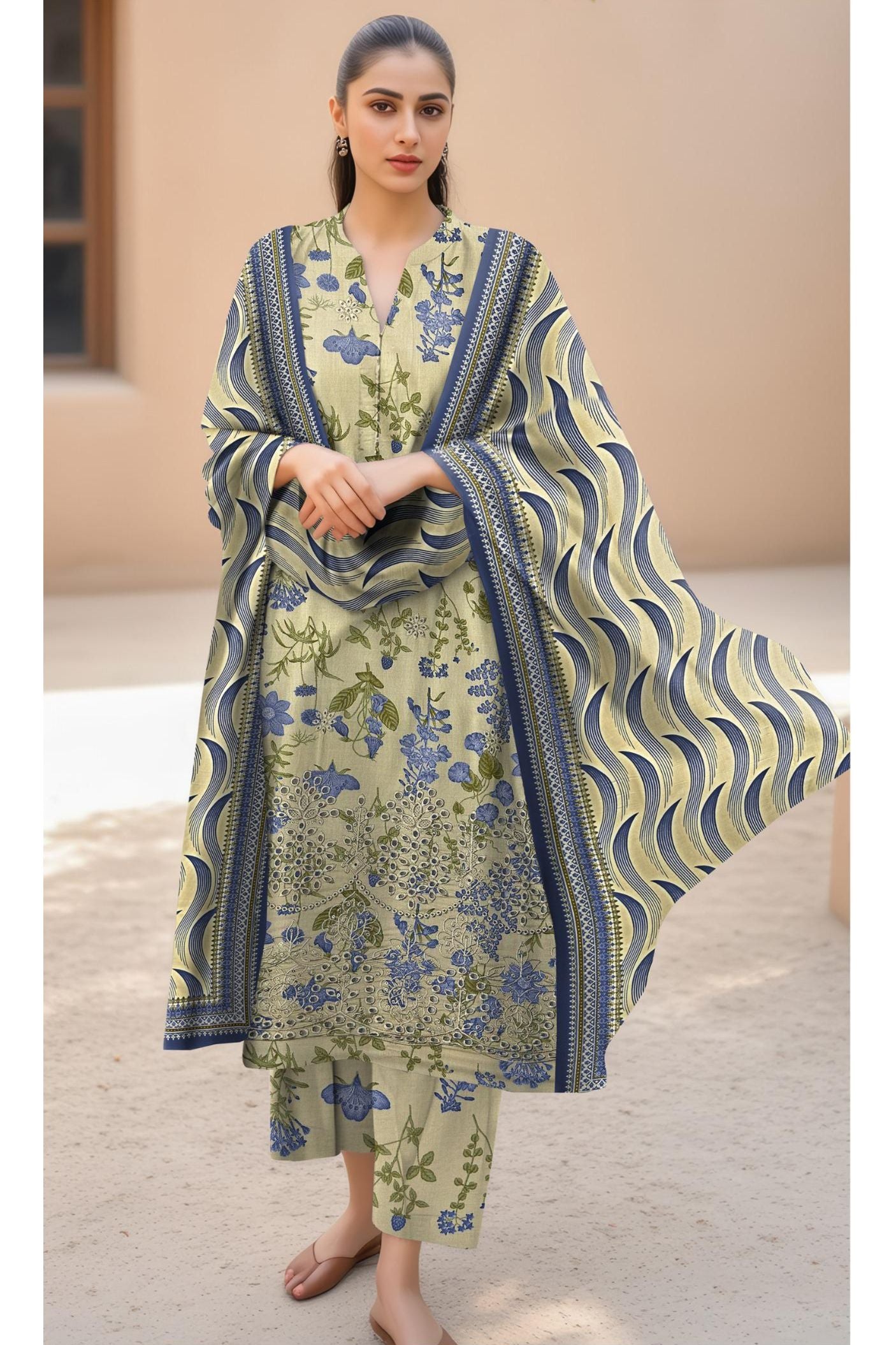 Daman Boring 3 Piece Linen Printed Suit with Custom Stitching