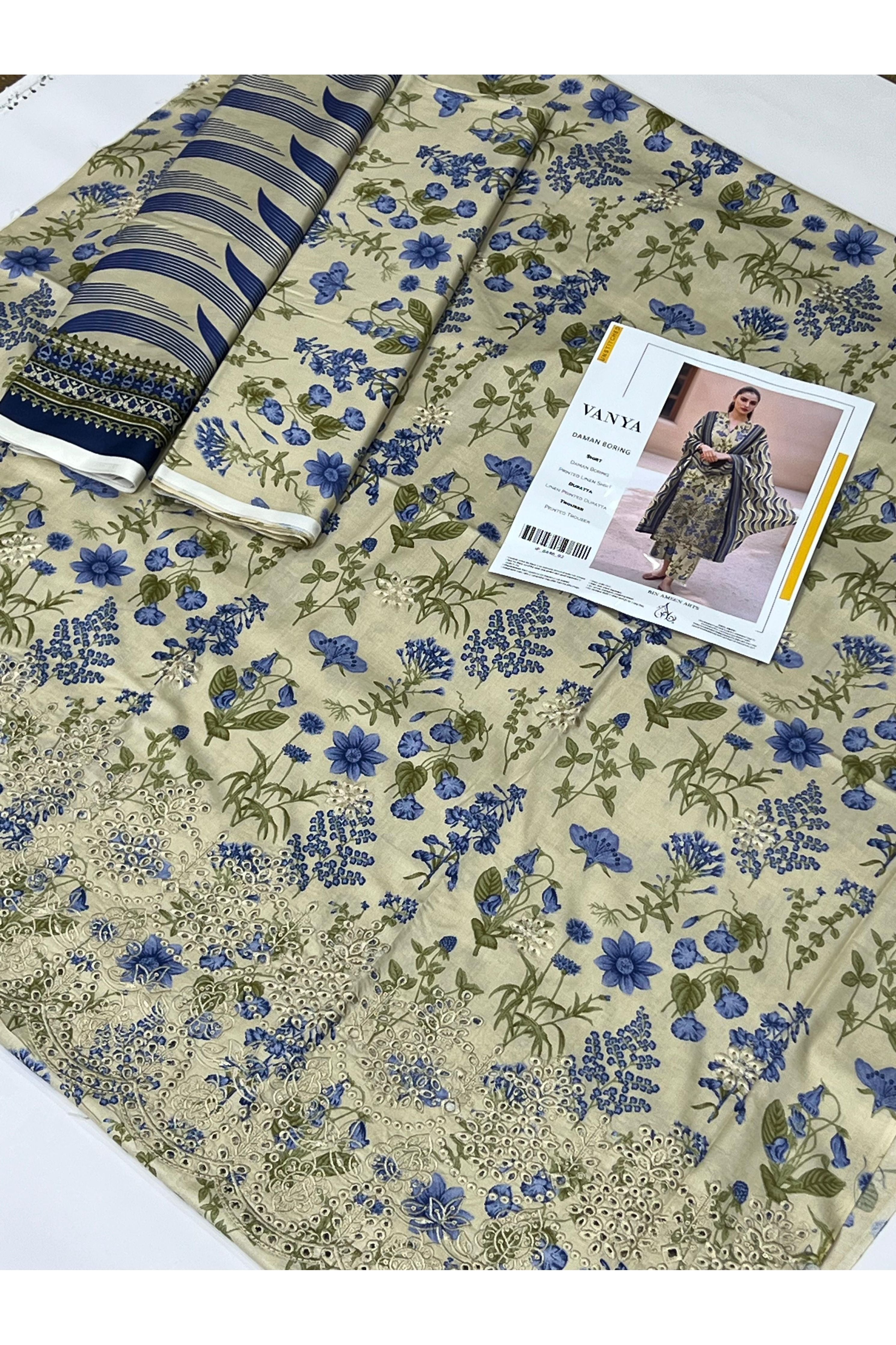 Daman Boring 3 Piece Linen Printed Suit with Custom Stitching
