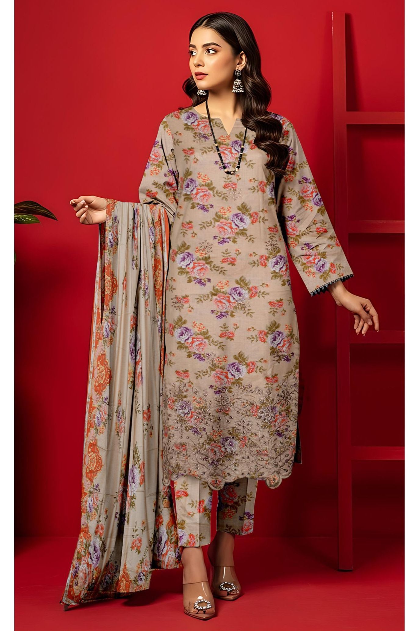 Daman Boring 3 Piece Linen Printed Suit with Custom Stitching