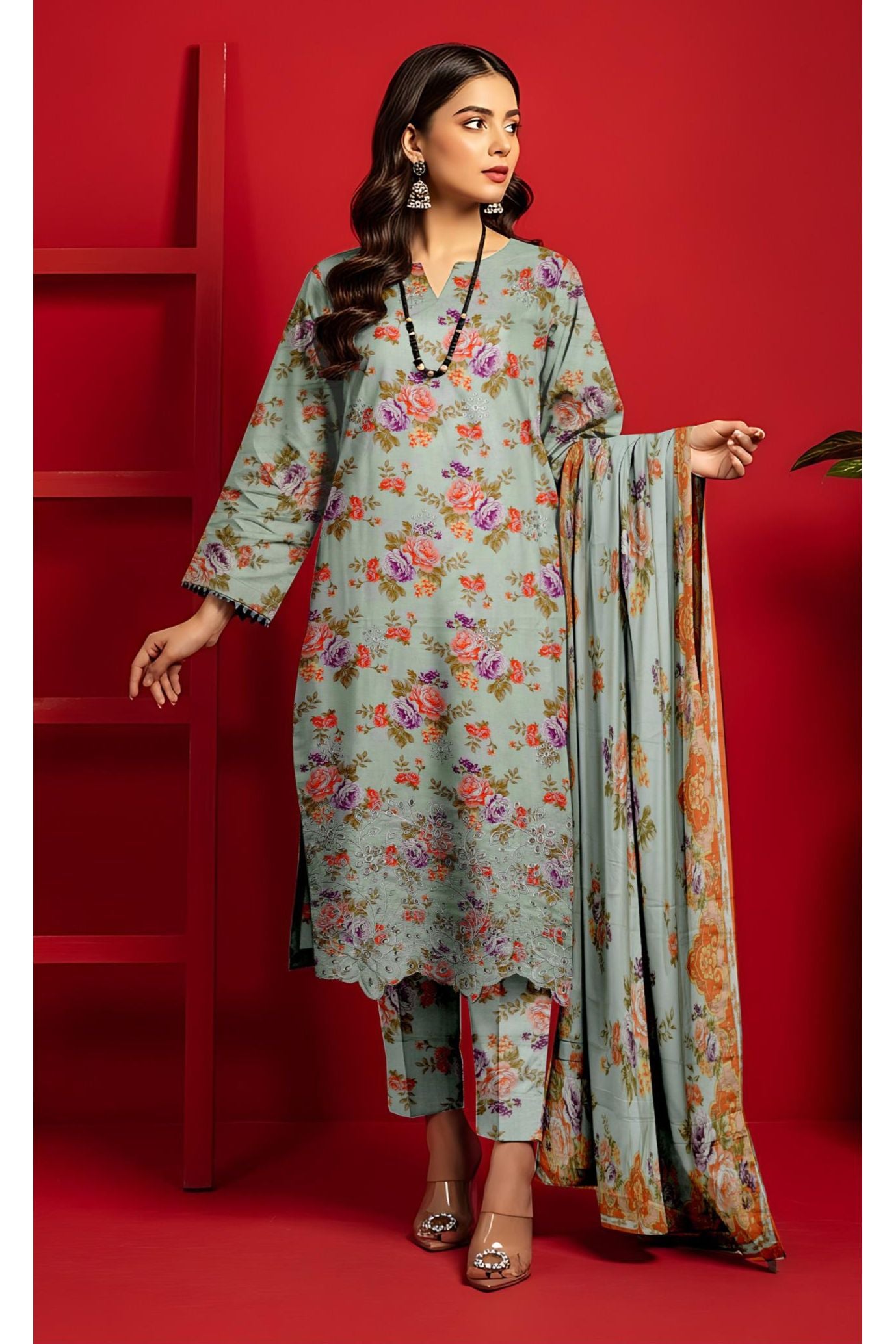 Daman Boring 3 Piece Linen Printed Suit with Custom Stitching